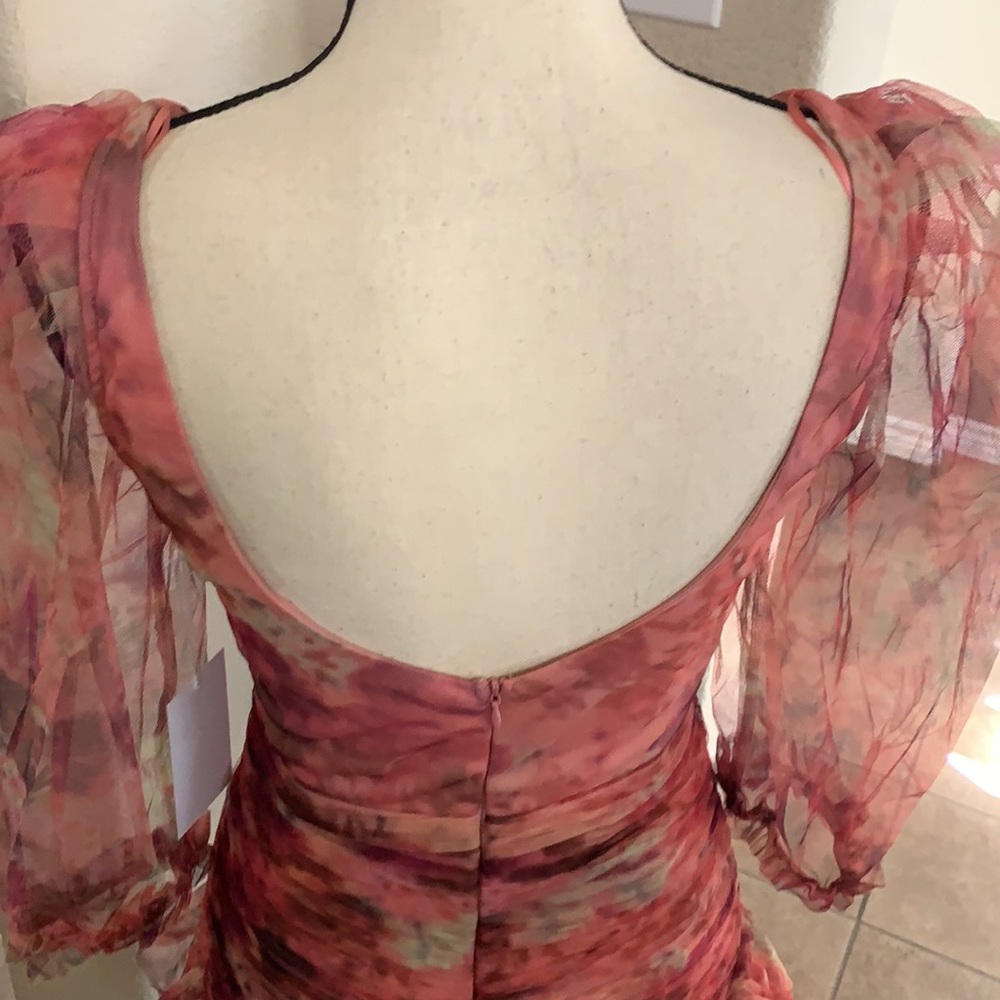 Multicolored pink floral graphic runched tulle bodycon mini dress - Picture 11 of 16